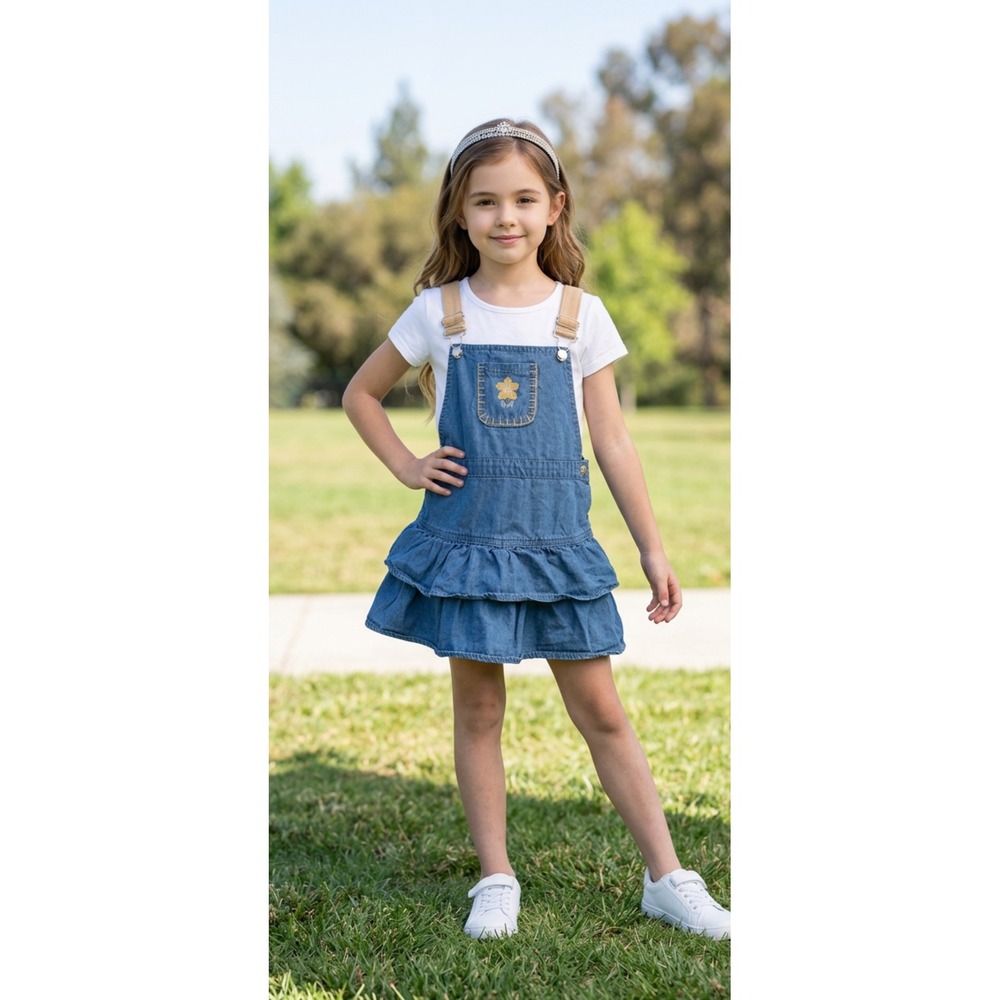 Girls Denim Ruffle Overall Dress Blue Cotton Jumper Floral Embroidery RN 147839